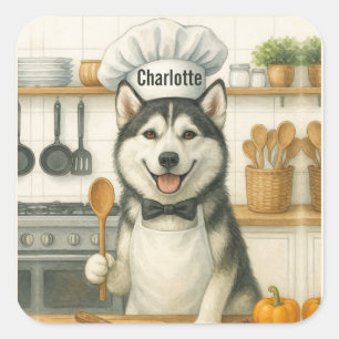 Personalized Name Funny Siberian Husky Dog Chef Square Sticker