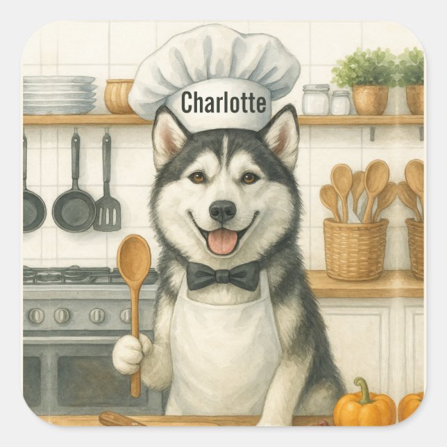 Personalized Name Funny Siberian Husky Dog Chef Square Sticker (Front)