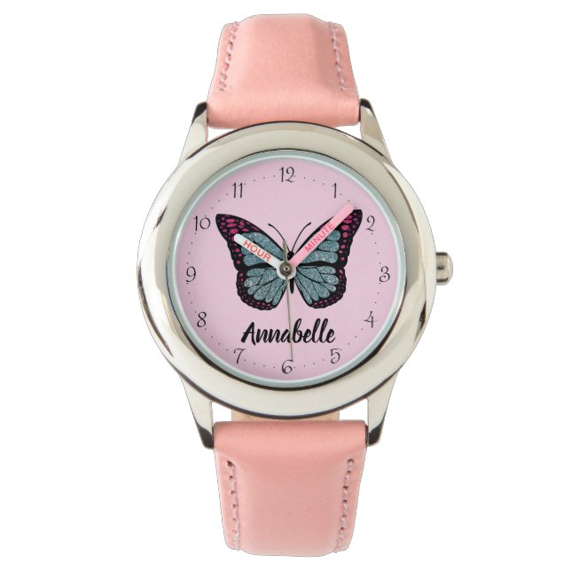 Personalized Name Glitter Butterfly Pink Kids Watch (Front)