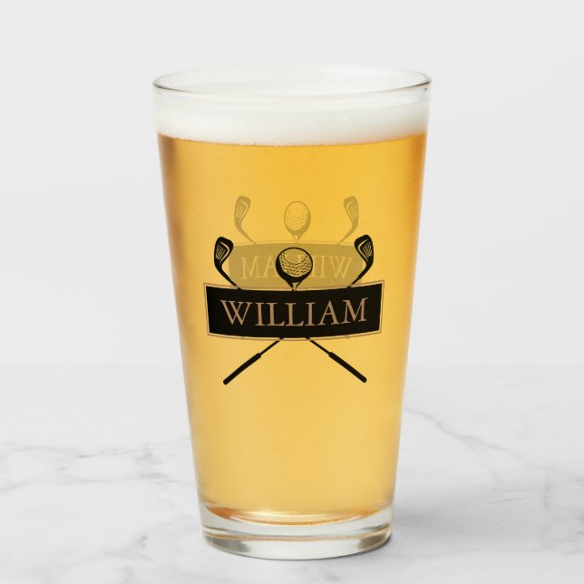 Personalized Name Gold and Black Golf Clubs Glass (Front Filled)