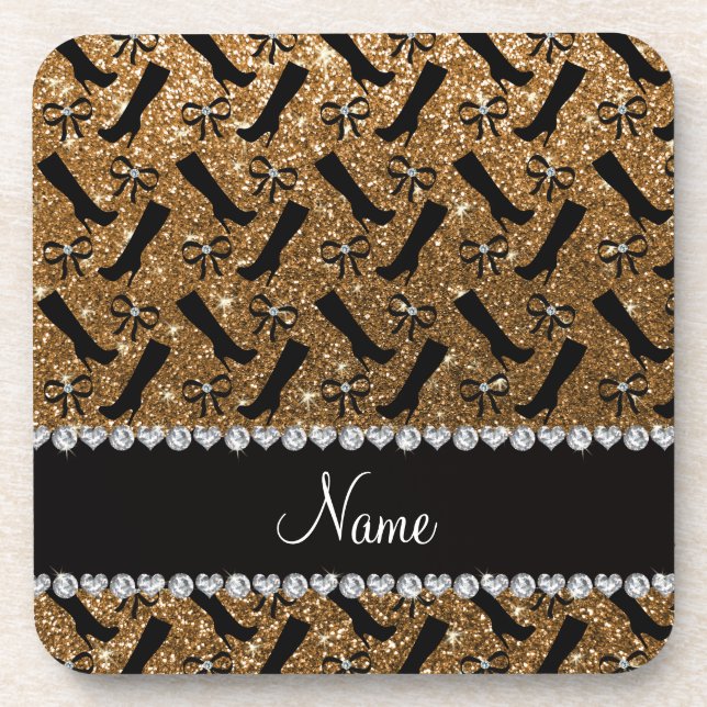 Personalized name gold glitter boots bows coaster (Front)