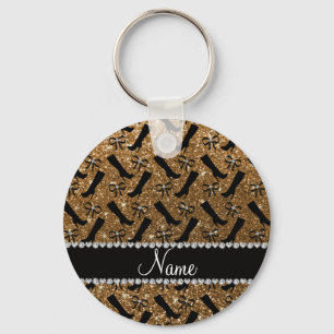 Personalized name gold glitter boots bows key ring