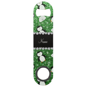 Personalized name green glitter penguins igloos