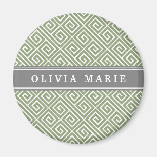 Personalized Name Green Greek Key Pattern Magnet