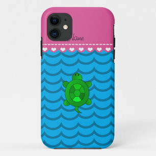 Personalized name green sea turtle sky blue waves iPhone 11 case