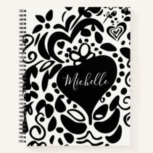 Personalized, Name, Heart, Leaves, Flowers Pattern Notebook