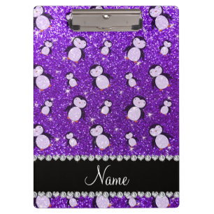 Personalized name indigo purple glitter penguins clipboard