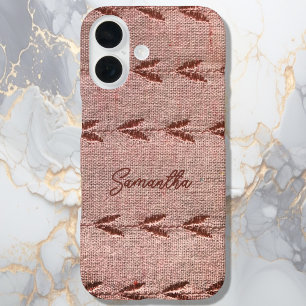 Personalized Name Linen Toile Powder Pink Stripes iPhone 16 Case
