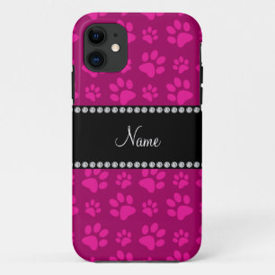 Personalized name magenta pink dog paw prints iPhone 11 case