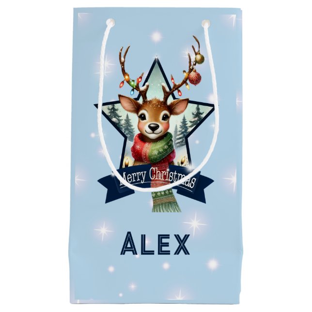Personalized Name Merry Christmas Reindeer Small Gift Bag (Front)