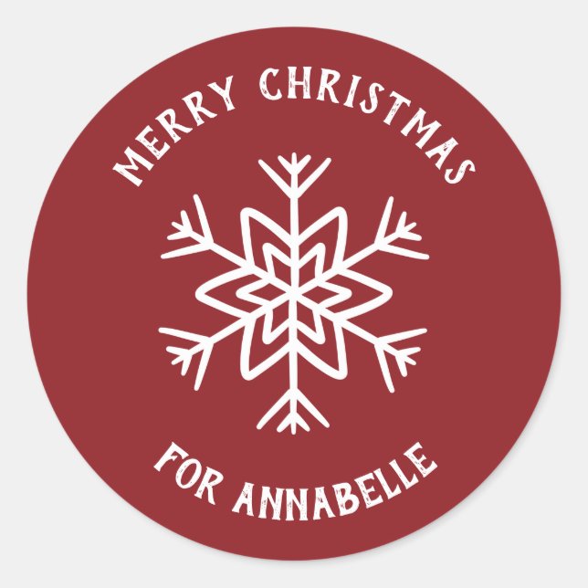 Personalized Name Merry Christmas Snowflake Classic Round Sticker (Front)