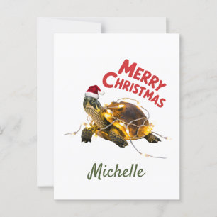 Personalized Name Merry Christmas Turtle in Santa  Postcard