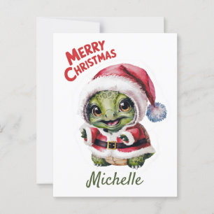 Personalized Name Merry Christmas Turtle in Santa  Postcard