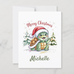 Personalized Name Merry Christmas Turtle in Santa  Postcard