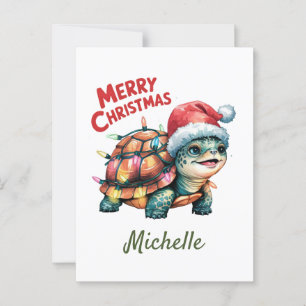 Personalized Name Merry Christmas Turtle in Santa  Postcard