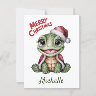 Personalized Name Merry Christmas Turtle in Santa  Postcard