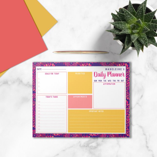 Personalized Name Modern Floral Navy Daily Planner Notepad (Creator Uploaded)