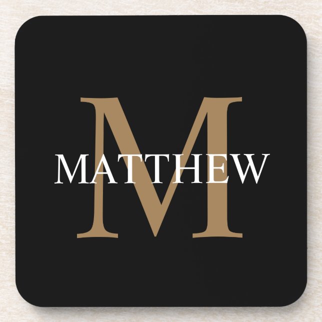 Personalized Name Monogram Black Coaster (Front)