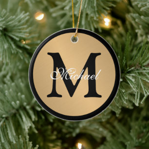 Personalized Name Monogram Gold Metallic Button  Ceramic Tree Decoration