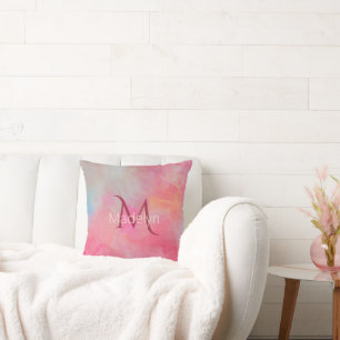 Personalized Name + Monogram Pink Watercolor Ink Cushion