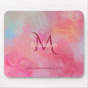 Personalized Name + Monogram Pink Watercolor Ink Mouse Mat