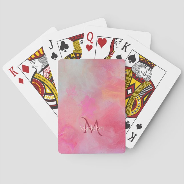 Personalized Name + Monogram Pink Watercolor Ink Playing Cards (Back)