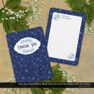 Personalized Name Navy Blue Floral Pattern, Blank Thank You Card