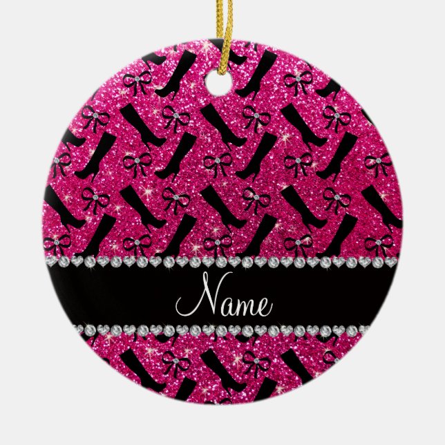 Personalized name neon hot pink glitter boots bows ceramic tree decoration (Front)
