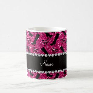 Personalized name neon hot pink glitter boots bows coffee mug