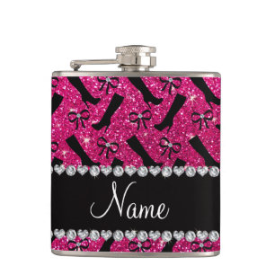 Personalized name neon hot pink glitter boots bows hip flask