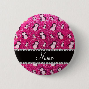 Personalized name neon hot pink glitter penguins 6 cm round badge