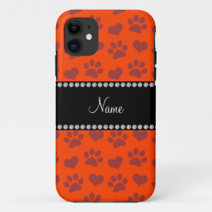 Personalized name neon orange hearts and paw print iPhone 11 case