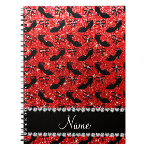 Personalized name neon red glitter fancy shoes bow notebook
