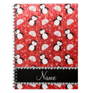 Personalized name neon red glitter penguins igloos notebook