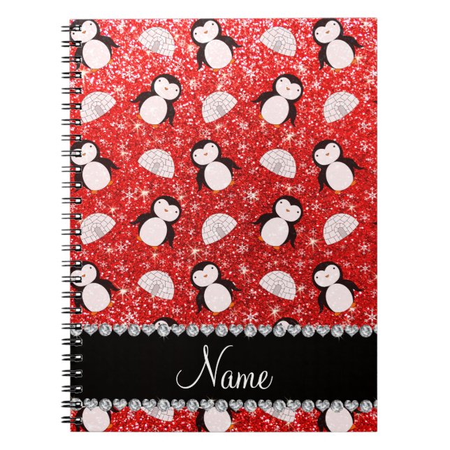 Personalized name neon red glitter penguins igloos notebook (Front)