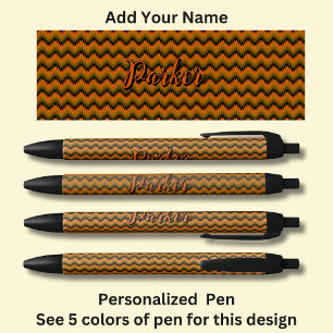 Personalized Name, Orange Brown Chevron Zig Zag Black Ink Pen