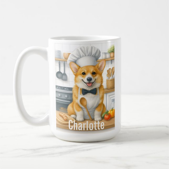 Personalized Name Pembroke Welsh Corgi Dog Chef Coffee Mug (Left)
