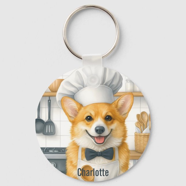 Personalized Name Pembroke Welsh Corgi Dog Chef Key Ring (Front)