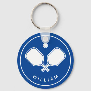 Personalized Name Pickleball Blue & White Keychain