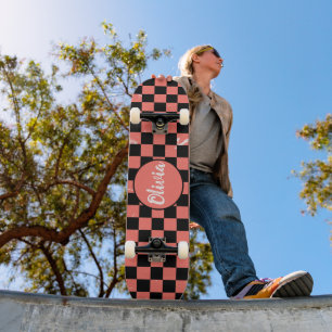 Personalized Name pink and black Checkerboard  Skateboard