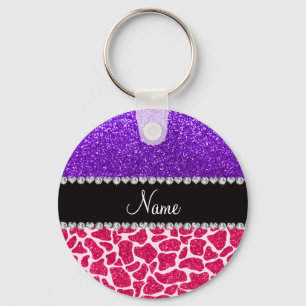 Personalized name pink giraffe purple glitter key ring