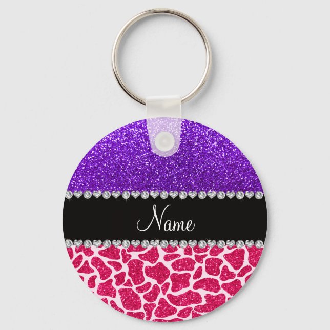Personalized name pink giraffe purple glitter key ring (Front)