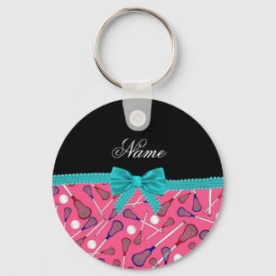 Personalized name pink lacrosse turquoise bow key ring