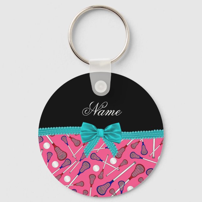 Personalized name pink lacrosse turquoise bow key ring (Front)