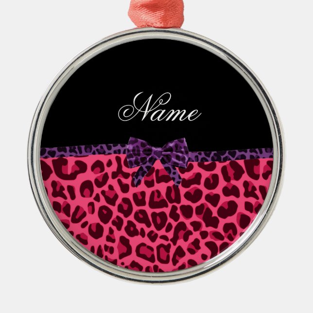 Personalized name pink leopard pattern purple bow metal tree decoration (Front)