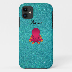 Personalized name pink octopus turquoise glitter iPhone 11 case