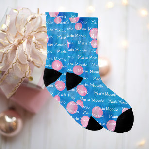 Personalized Name Pink Polka Dot Bubbles Blue Socks