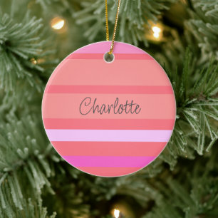 Personalized Name Pink Stripes Christmas Ceramic Tree Decoration