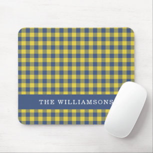 Personalized Name Preppy Blue Yellow Gingham Plaid Mouse Mat