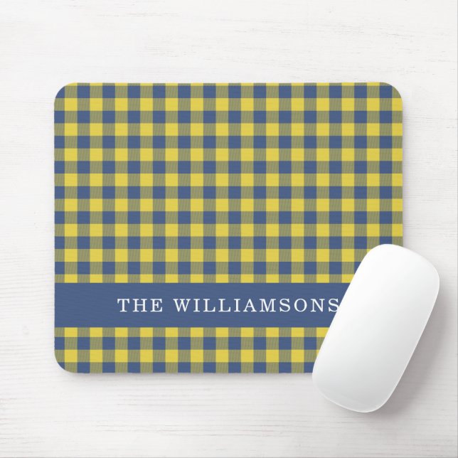 Personalized Name Preppy Blue Yellow Gingham Plaid Mouse Mat (With Mouse)